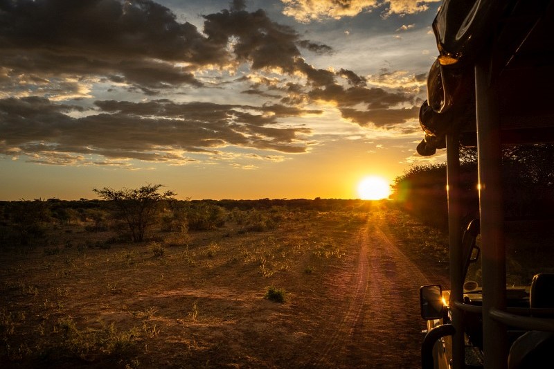 Sonnenuntergang bei einer Pirschfahrt in einem private Game Reserve in Namibia